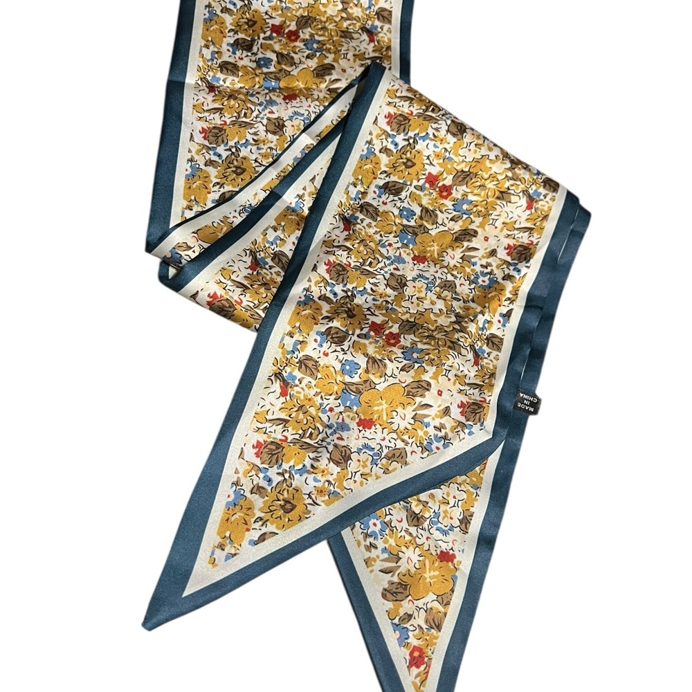 Blue Trim Multi Floral Accent Tuxedo Point Style Scarf 51 1/2 In X 5 1/4 In